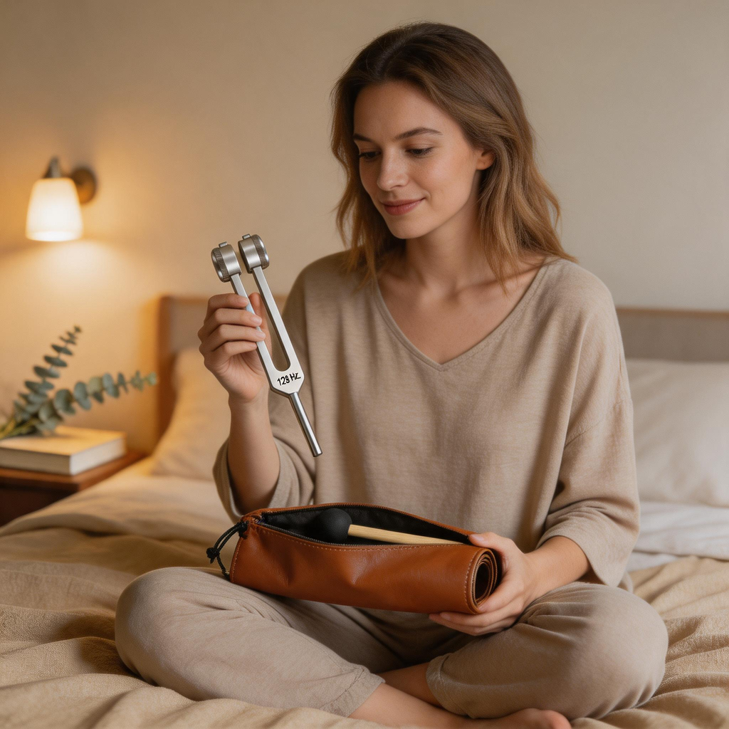 Woman with the SineHaven four-fork set open on her bed during a wind-down ritual