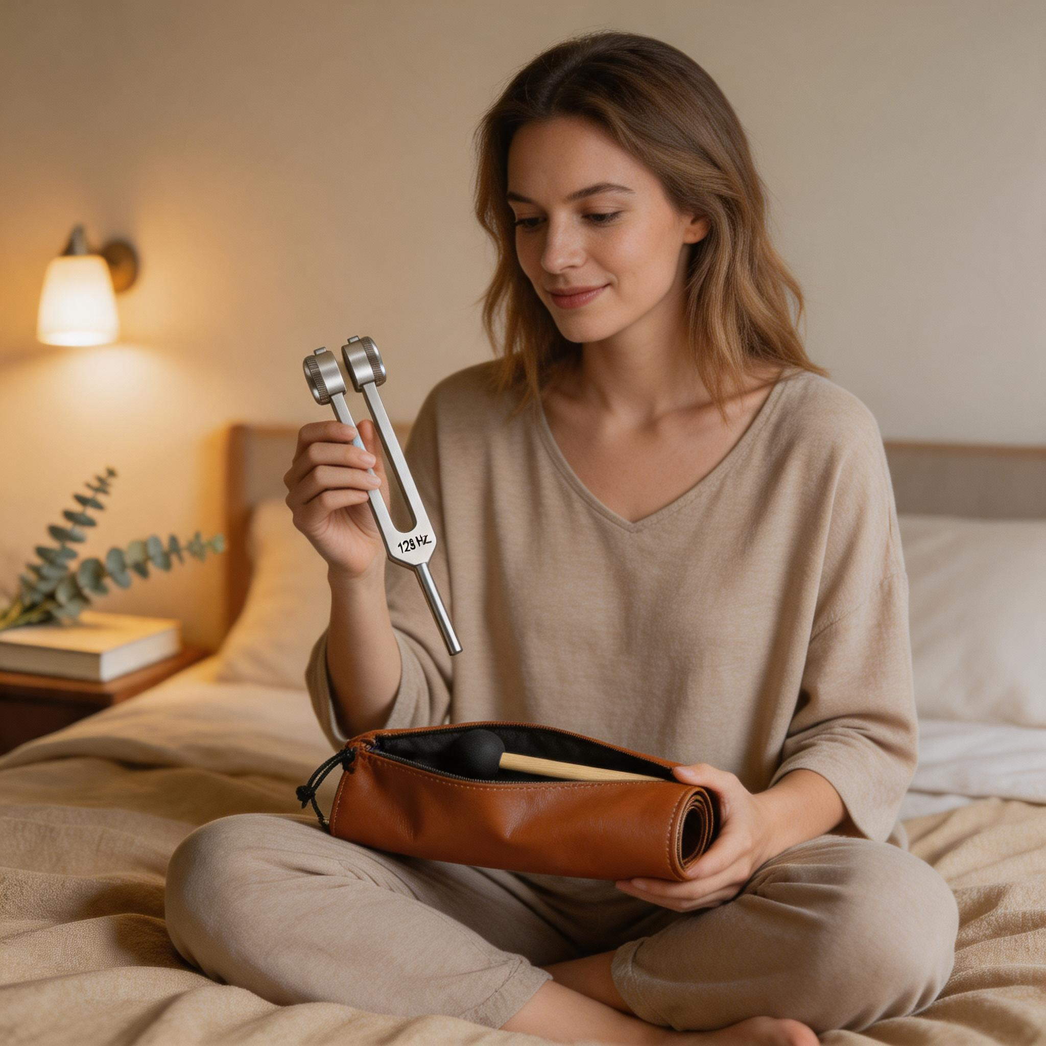 Woman with the SineHaven four-fork set open on her bed during a wind-down ritual