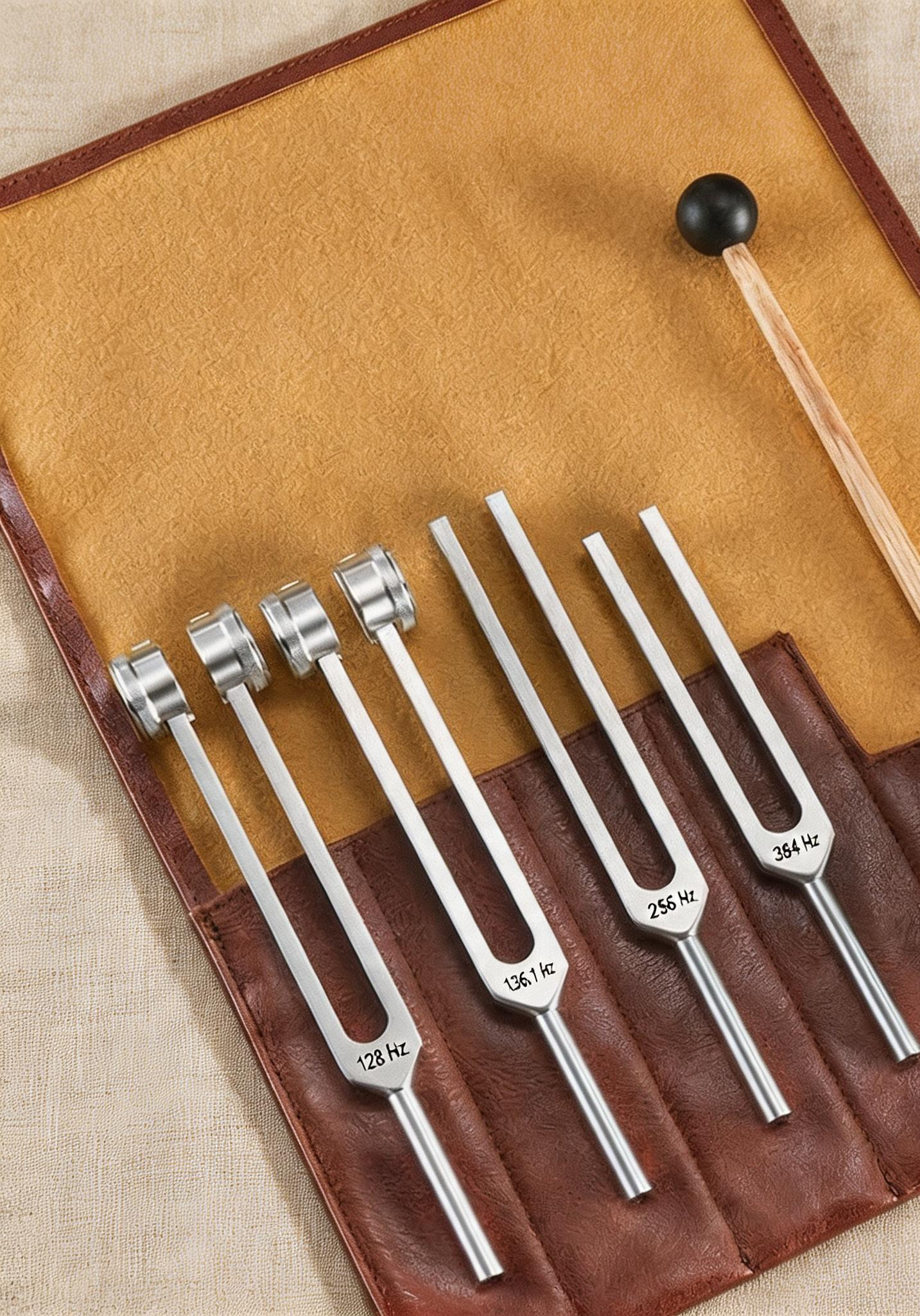 SineHaven four-fork tuning set — 128, 136.1, 256 and 384 Hz — in a leather roll