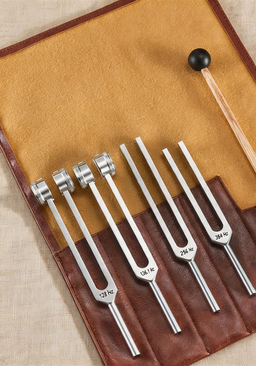 SineHaven four-fork tuning set — 128, 136.1, 256 and 384 Hz — in a leather roll