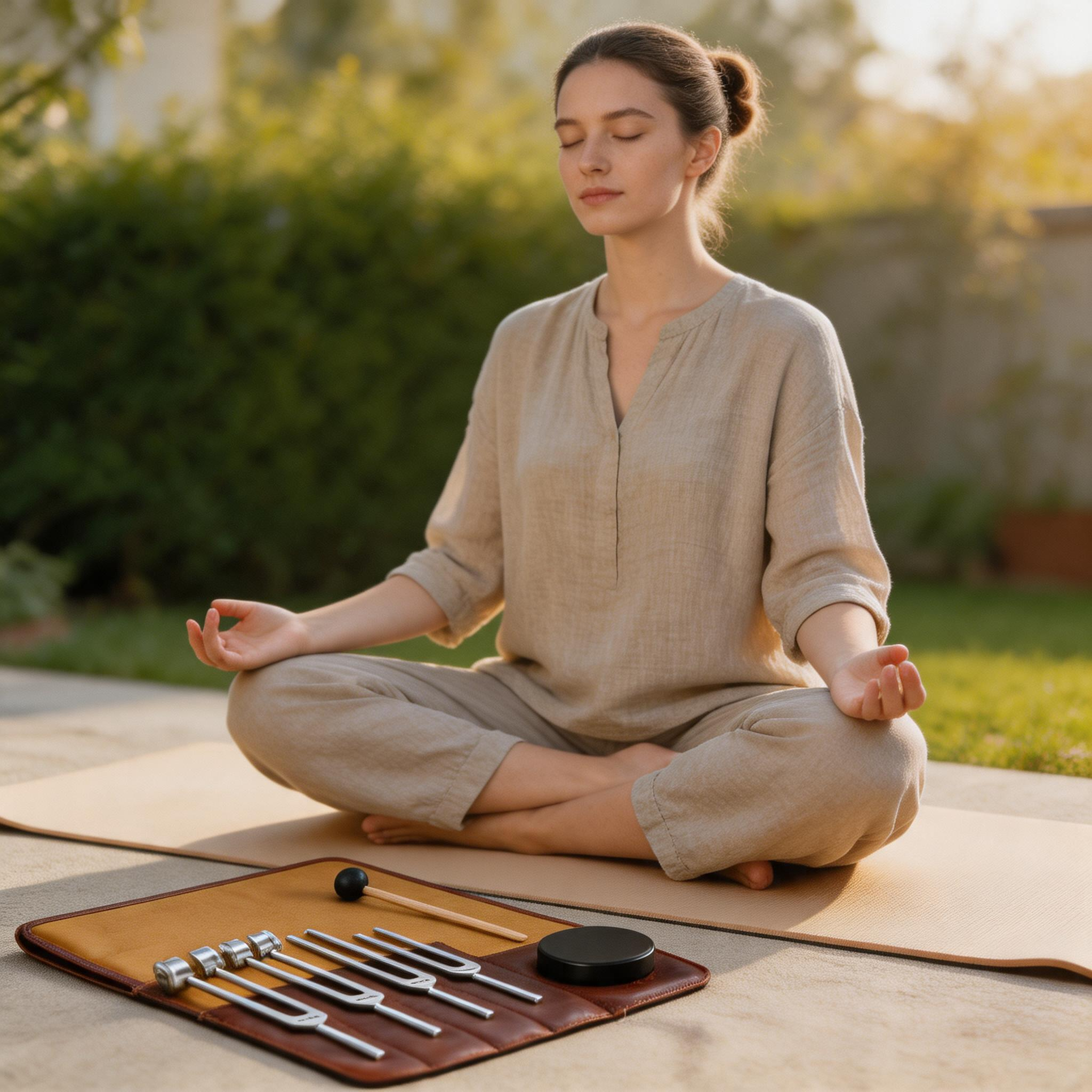 Breathing slowly as a SineHaven tuning fork tone fades during a calm bedtime ritual