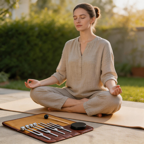 Breathing slowly as a SineHaven tuning fork tone fades during a calm bedtime ritual