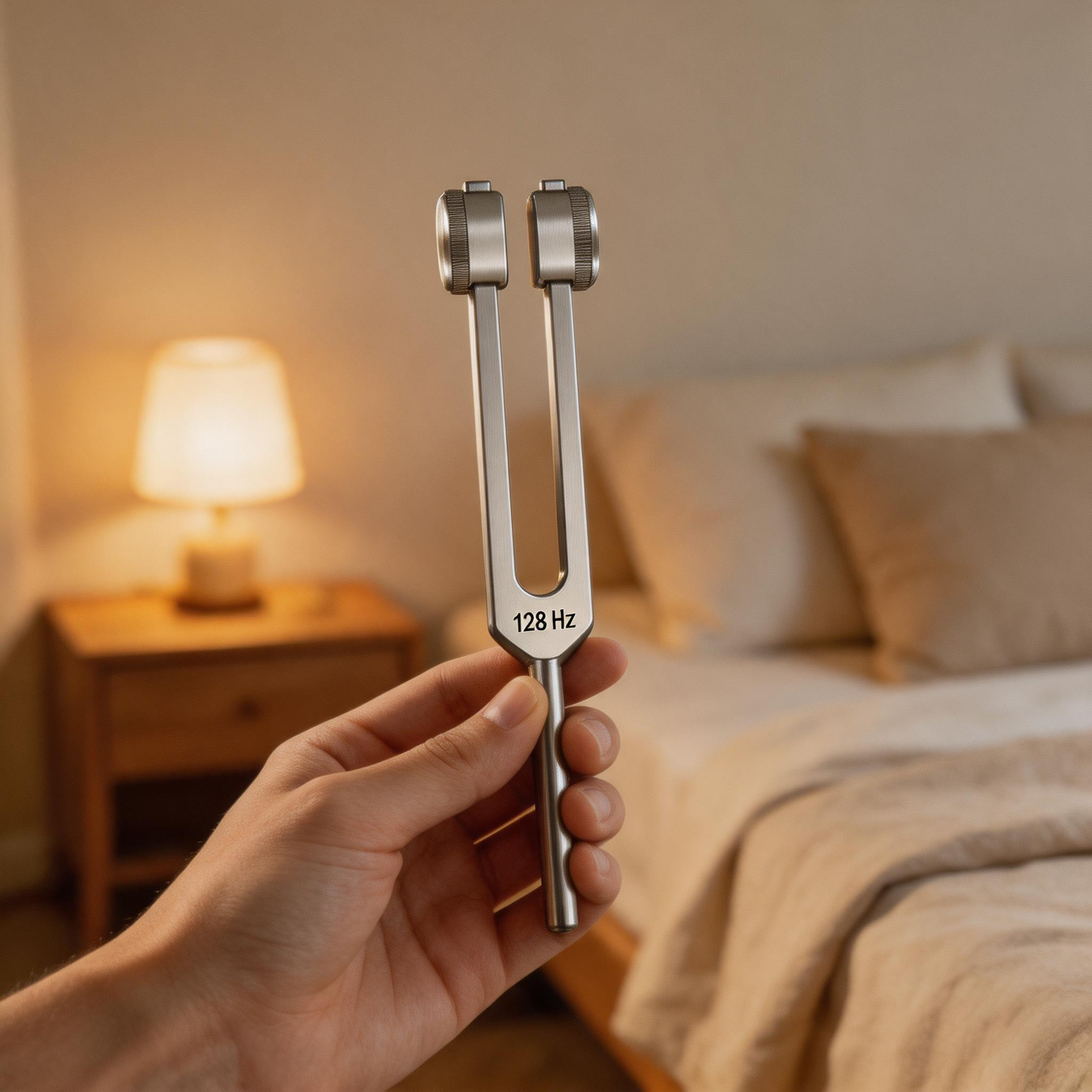 Hand striking a weighted 128 Hz SineHaven tuning fork to begin a nightly wind-down ritual