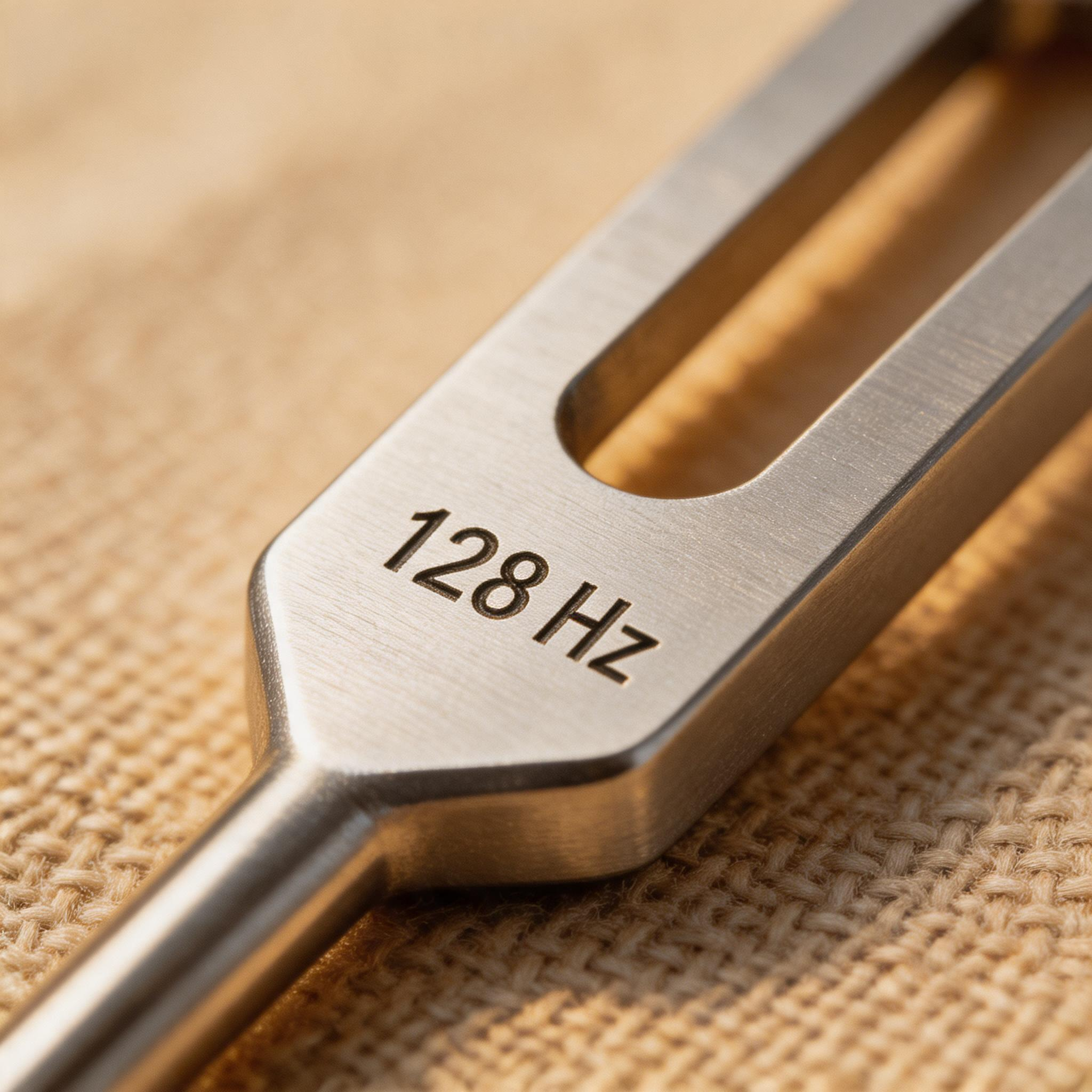 Close-up of a laser-engraved 128 Hz marking on a CNC-machined aluminium tuning fork